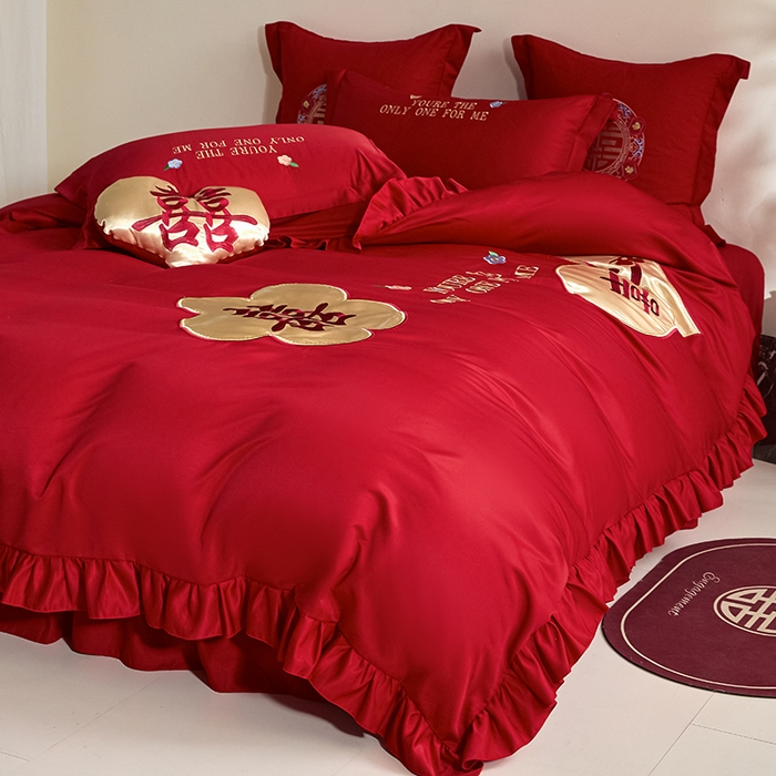 91家纺网 家纺一手货源 找家纺 玉雅家纺 2025新款水洗冰丝刺绣床裙款婚庆四件套 床裙款-爱意浓