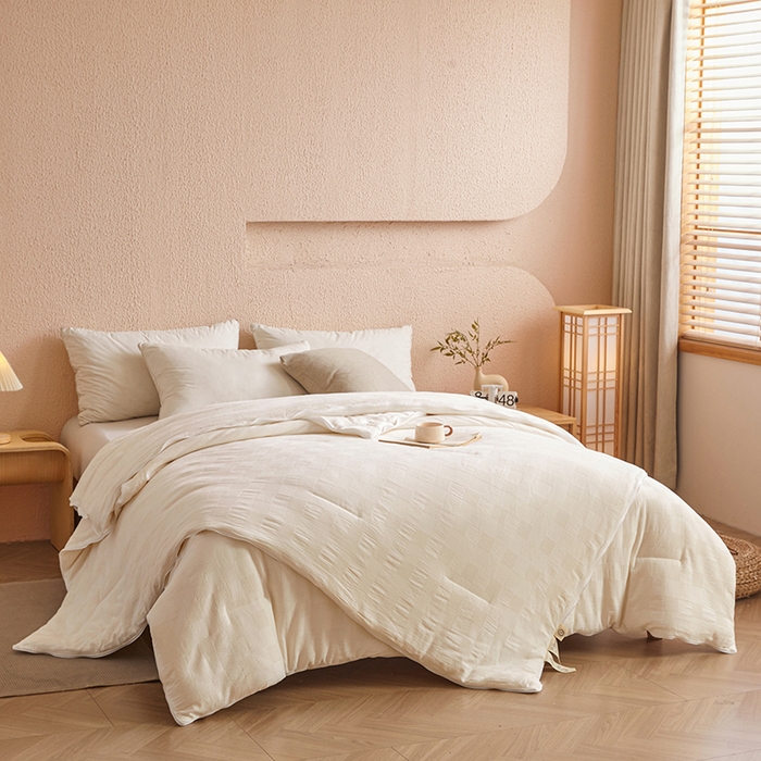 91家纺网 家纺一手货源 找家纺 阳光被业 2025新款100%纯棉提花子母被冬被全棉大豆被春秋被学生夏被四季棉被 米白