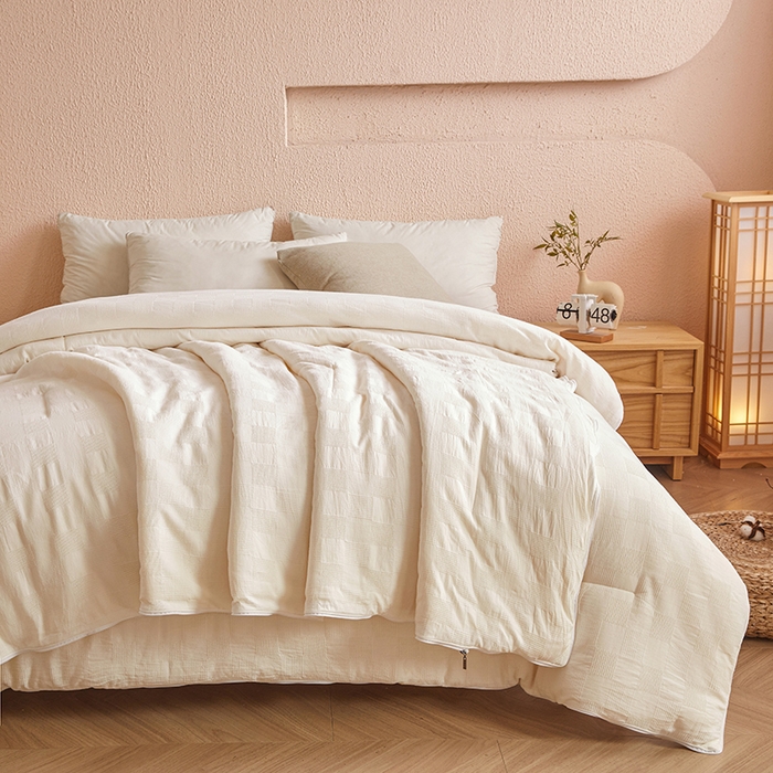 91家纺网 家纺一手货源 找家纺 阳光被业 2025新款100%纯棉提花子母被冬被全棉大豆被春秋被学生夏被四季棉被 米白