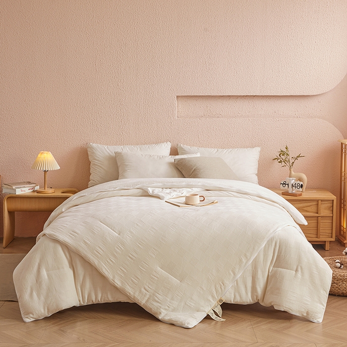 91家纺网 家纺一手货源 找家纺 阳光被业 2025新款100%纯棉提花子母被冬被全棉大豆被春秋被学生夏被四季棉被 米白