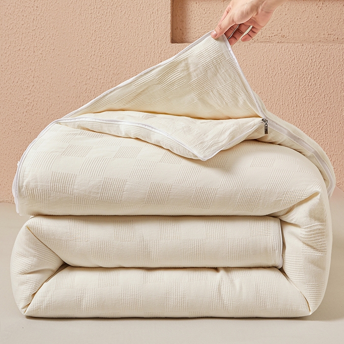 91家纺网 家纺一手货源 找家纺 阳光被业 2025新款100%纯棉提花子母被冬被全棉大豆被春秋被学生夏被四季棉被 米白