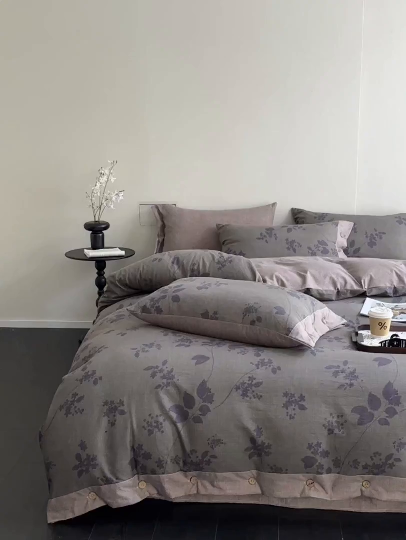 91家纺网 家纺一手货源 找家纺 漫仙阁家纺 2025秋冬新品加厚高克重复古风双层纱印花四件套 一叶