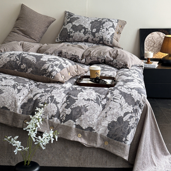 漫仙阁家纺 2025秋冬新品加厚高克重复古风双层纱印花四件套 浮绘花影