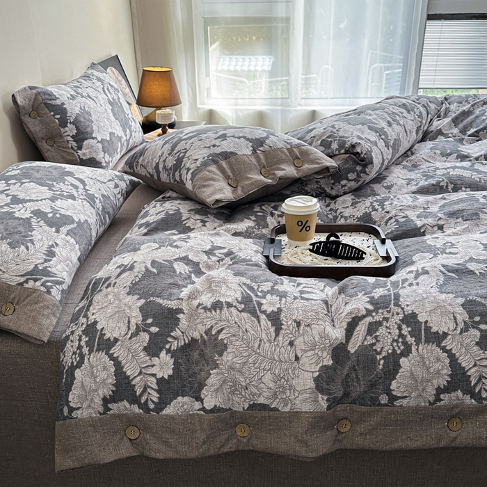 91家纺网 家纺一手货源 找家纺 漫仙阁家纺 2025秋冬新品加厚高克重复古风双层纱印花四件套 浮绘花影