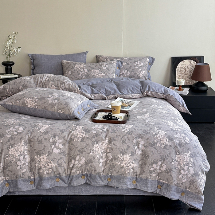 91家纺网 家纺一手货源 找家纺 漫仙阁家纺 2025秋冬新品加厚高克重复古风双层纱印花四件套 曼妙花园-灰