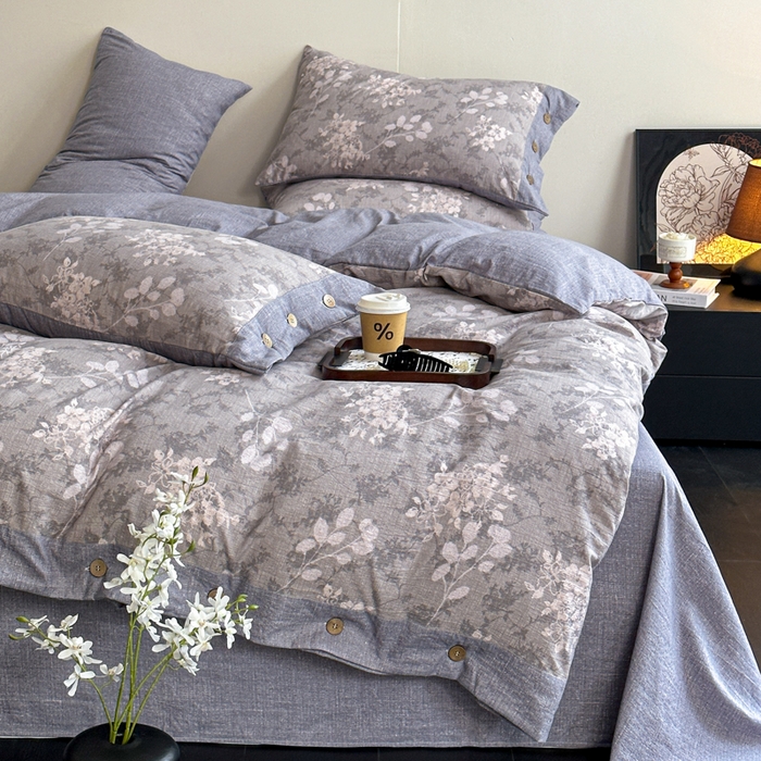 漫仙阁家纺 2025秋冬新品加厚高克重复古风双层纱印花四件套 曼妙花园-灰