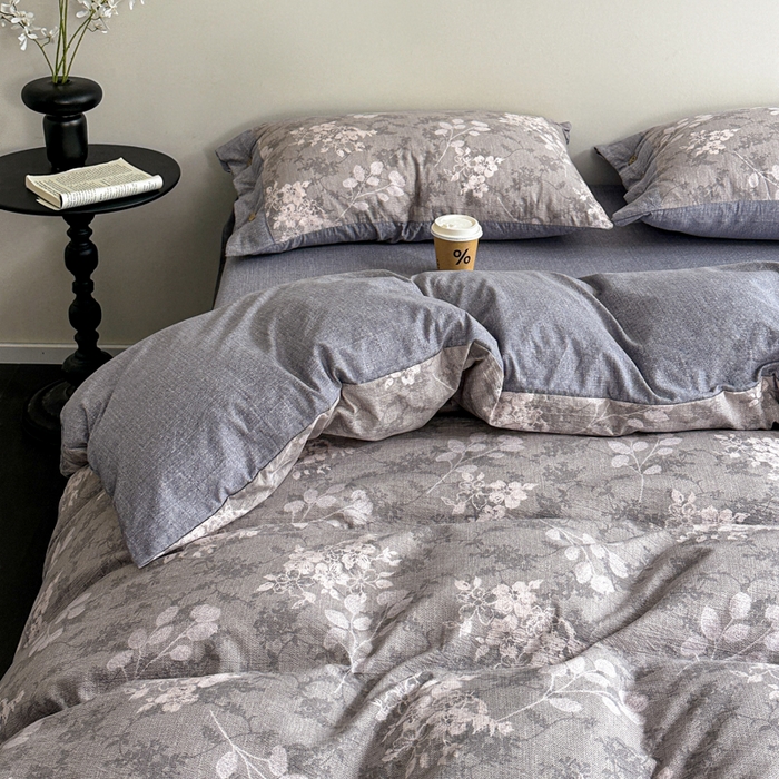 91家纺网 家纺一手货源 找家纺 漫仙阁家纺 2025秋冬新品加厚高克重复古风双层纱印花四件套 曼妙花园-灰