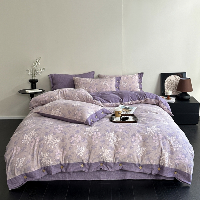 91家纺网 家纺一手货源 找家纺 漫仙阁家纺 2025秋冬新品加厚高克重复古风双层纱印花四件套 曼妙花园-紫