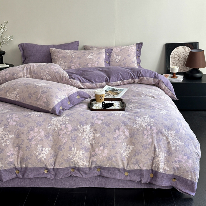 91家纺网 家纺一手货源 找家纺 漫仙阁家纺 2025秋冬新品加厚高克重复古风双层纱印花四件套 曼妙花园-紫