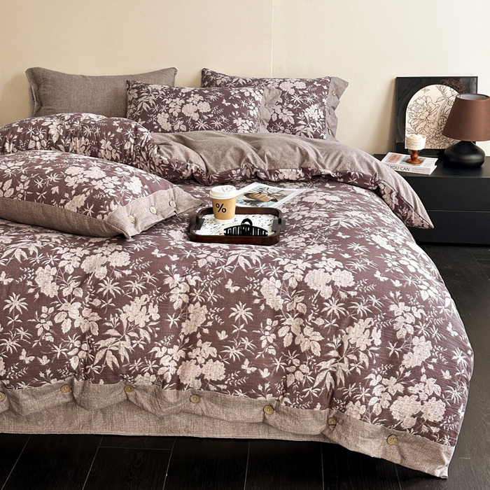 91家纺网 家纺一手货源 找家纺 漫仙阁家纺 2025秋冬新品加厚高克重复古风双层纱印花四件套 夕颜