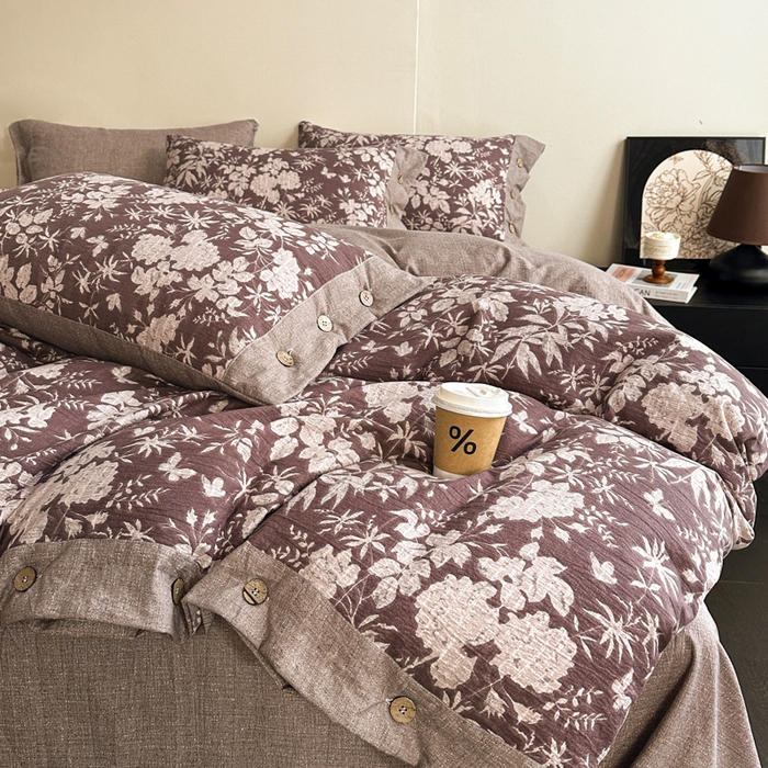 91家纺网 家纺一手货源 找家纺 漫仙阁家纺 2025秋冬新品加厚高克重复古风双层纱印花四件套 夕颜