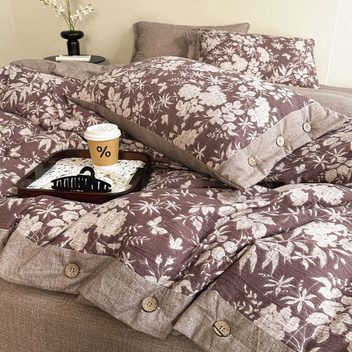 91家纺网 家纺一手货源 找家纺 漫仙阁家纺 2025秋冬新品加厚高克重复古风双层纱印花四件套 夕颜