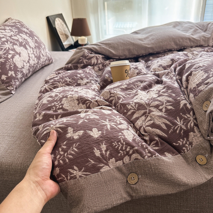 91家纺网 家纺一手货源 找家纺 漫仙阁家纺 2025秋冬新品加厚高克重复古风双层纱印花四件套 夕颜