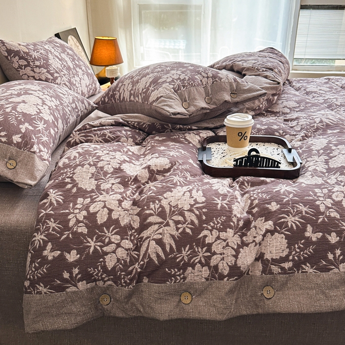 91家纺网 家纺一手货源 找家纺 漫仙阁家纺 2025秋冬新品加厚高克重复古风双层纱印花四件套 夕颜