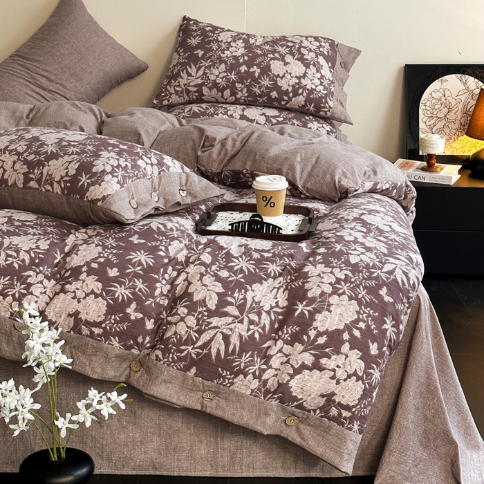 漫仙阁家纺 2025秋冬新品加厚高克重复古风双层纱印花四件套 夕颜