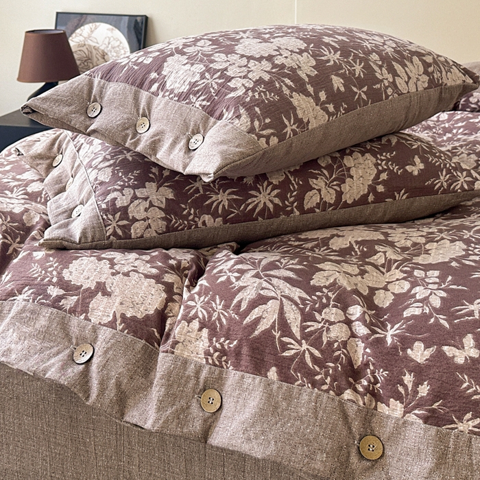 91家纺网 家纺一手货源 找家纺 漫仙阁家纺 2025秋冬新品加厚高克重复古风双层纱印花四件套 夕颜