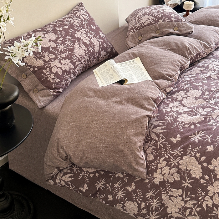 91家纺网 家纺一手货源 找家纺 漫仙阁家纺 2025秋冬新品加厚高克重复古风双层纱印花四件套 夕颜