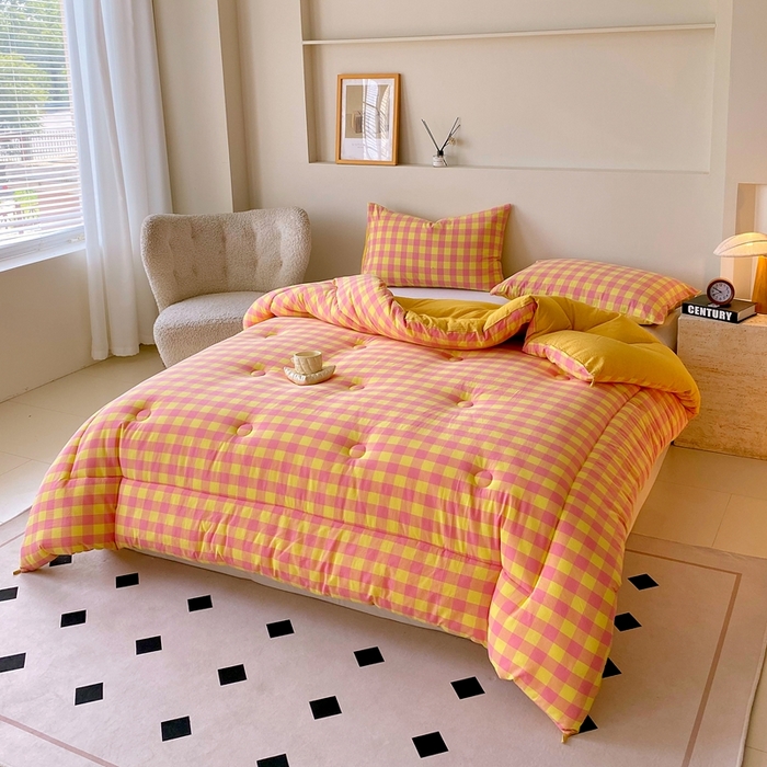 91家纺网 家纺一手货源 找家纺 宝士康家纺 2025新品10A抗菌无印风学生季春秋被/被芯/跨境/外贸 黄粉中格