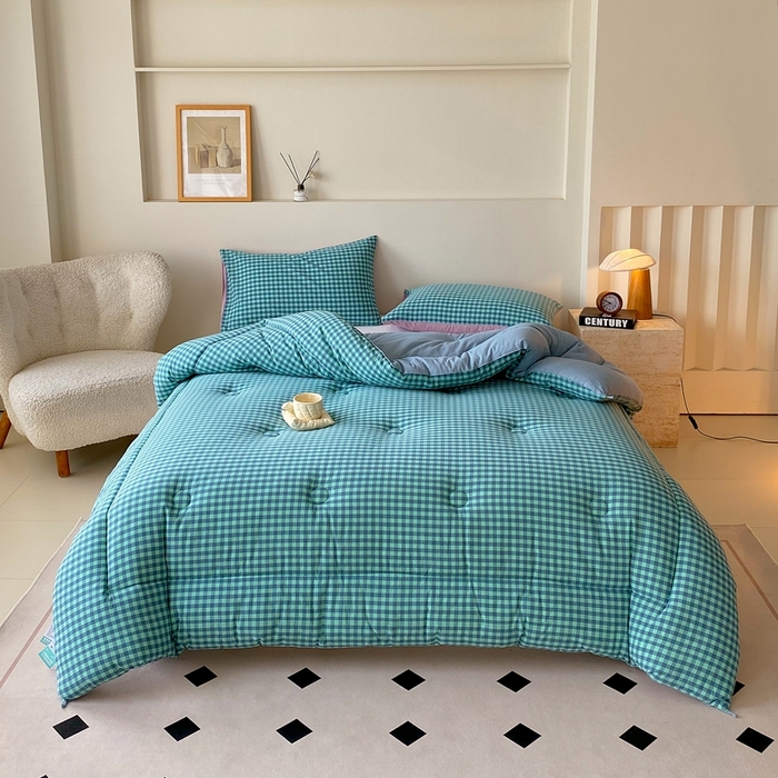 91家纺网 家纺一手货源 找家纺 宝士康家纺 2025新品10A抗菌无印风学生季春秋被/被芯/跨境/外贸 蓝绿小格