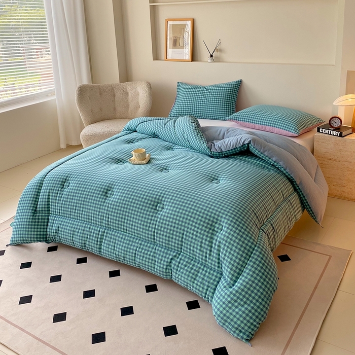 91家纺网 家纺一手货源 找家纺 宝士康家纺 2025新品10A抗菌无印风学生季春秋被/被芯/跨境/外贸 蓝绿小格