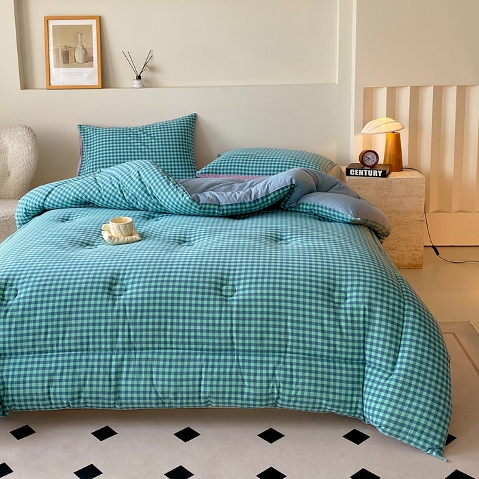 91家纺网 家纺一手货源 找家纺 宝士康家纺 2025新品10A抗菌无印风学生季春秋被/被芯/跨境/外贸 蓝绿小格