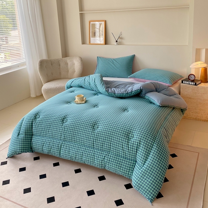 91家纺网 家纺一手货源 找家纺 宝士康家纺 2025新品10A抗菌无印风学生季春秋被/被芯/跨境/外贸 蓝绿小格