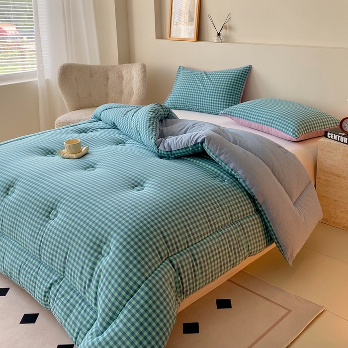 91家纺网 家纺一手货源 找家纺 宝士康家纺 2025新品10A抗菌无印风学生季春秋被/被芯/跨境/外贸 蓝绿小格