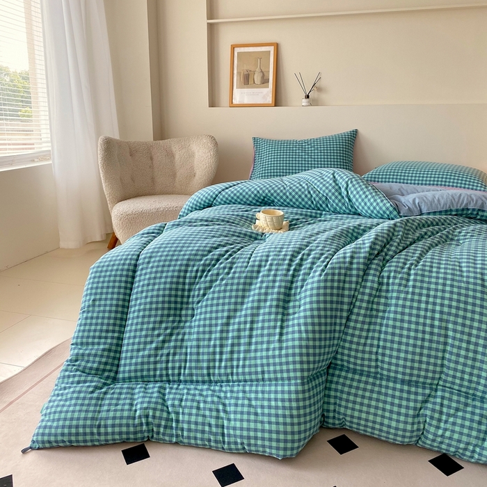 91家纺网 家纺一手货源 找家纺 宝士康家纺 2025新品10A抗菌无印风学生季春秋被/被芯/跨境/外贸 蓝绿小格