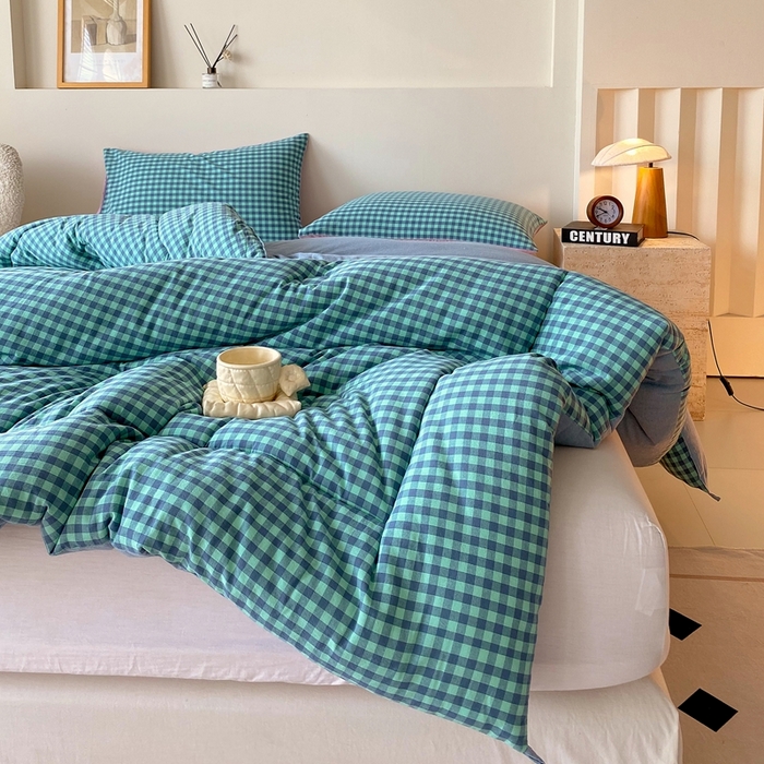 91家纺网 家纺一手货源 找家纺 宝士康家纺 2025新品10A抗菌无印风学生季春秋被/被芯/跨境/外贸 蓝绿小格