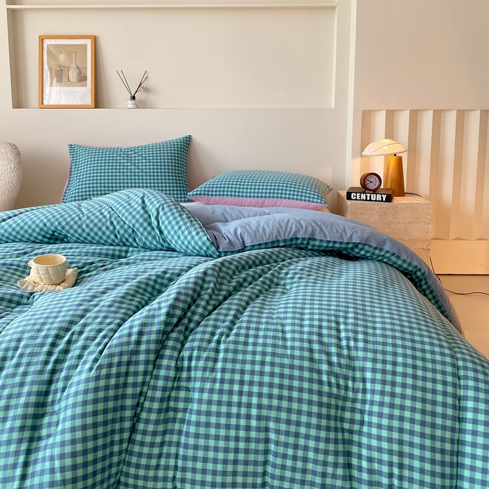 91家纺网 家纺一手货源 找家纺 宝士康家纺 2025新品10A抗菌无印风学生季春秋被/被芯/跨境/外贸 蓝绿小格