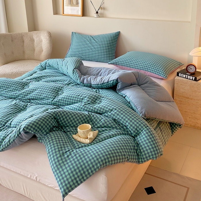 91家纺网 家纺一手货源 找家纺 宝士康家纺 2025新品10A抗菌无印风学生季春秋被/被芯/跨境/外贸 蓝绿小格