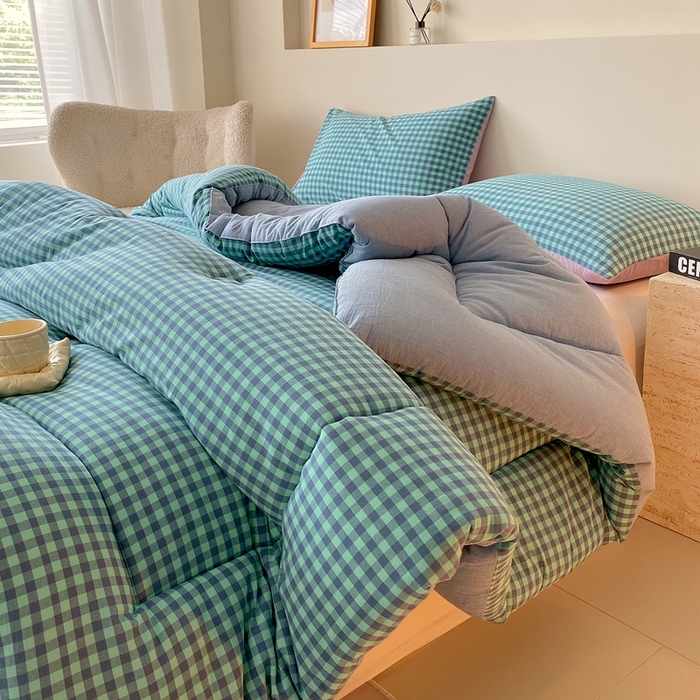 91家纺网 家纺一手货源 找家纺 宝士康家纺 2025新品10A抗菌无印风学生季春秋被/被芯/跨境/外贸 蓝绿小格