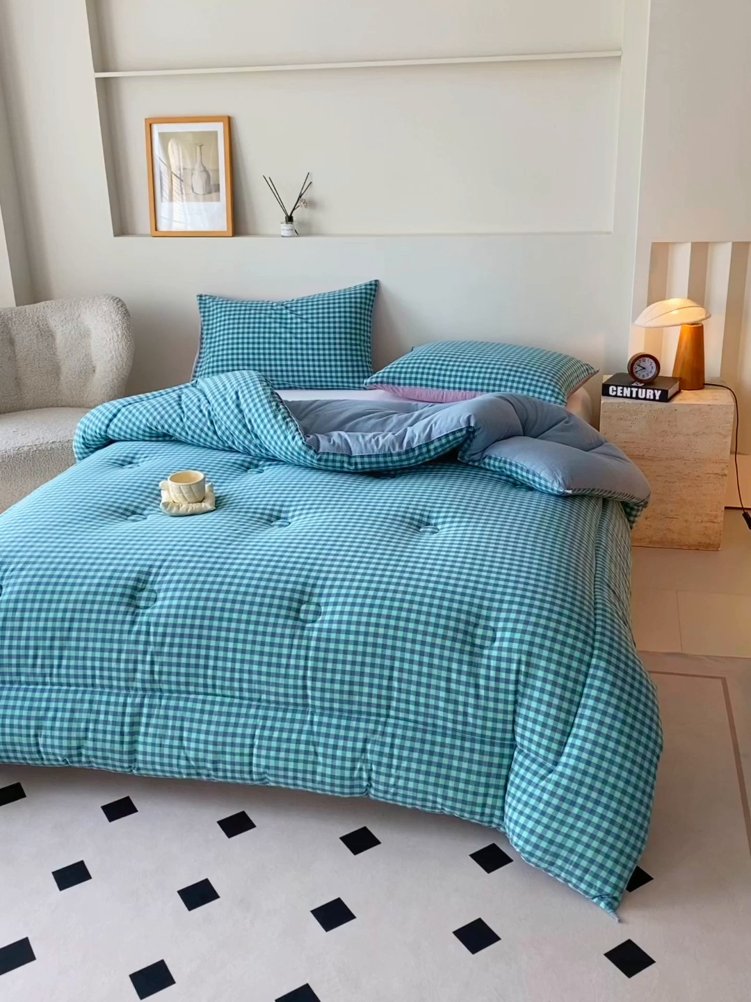 91家纺网 家纺一手货源 找家纺 宝士康家纺 2025新品10A抗菌无印风学生季春秋被/被芯/跨境/外贸 蓝绿小格