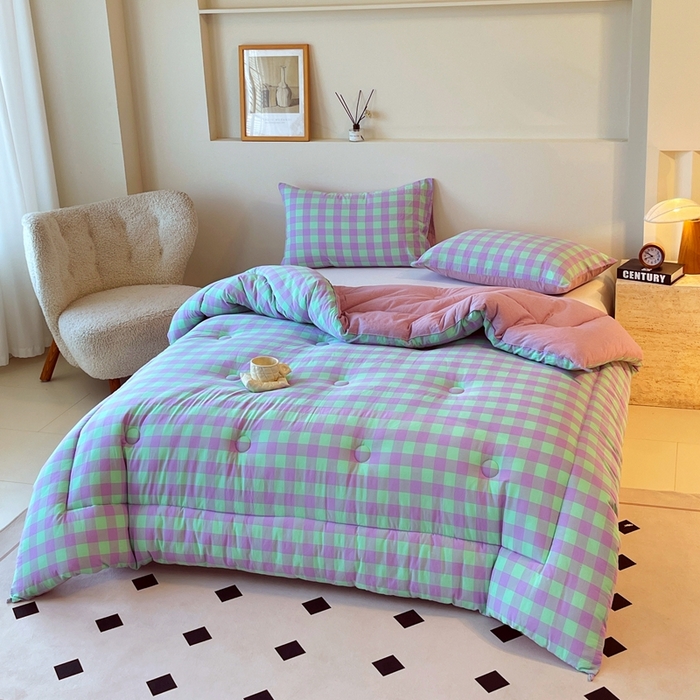 91家纺网 家纺一手货源 找家纺 宝士康家纺 2025新品10A抗菌无印风学生季春秋被/被芯/跨境/外贸 绿野中格