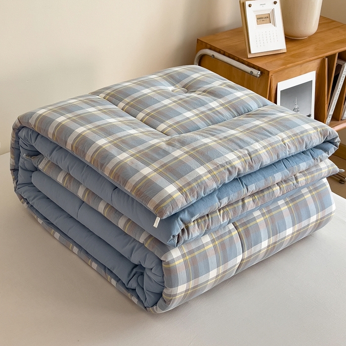 91家纺网 家纺一手货源 找家纺 宝士康家纺 2025新品10A抗菌无印风学生季春秋被/被芯/跨境/外贸 天蓝中格