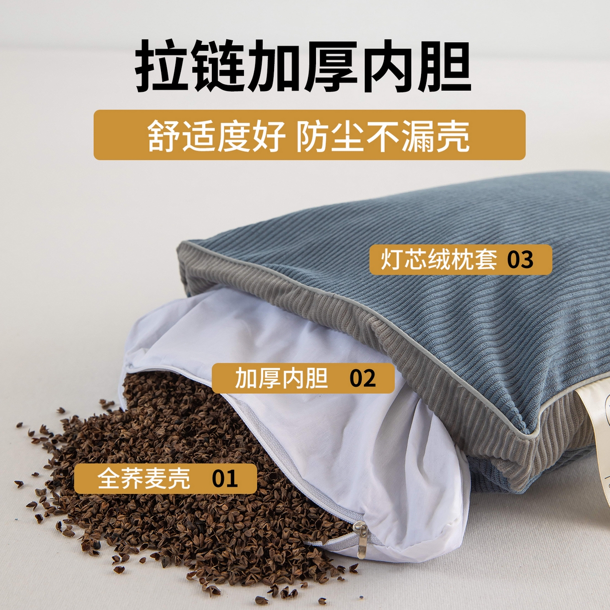 91家纺网 家纺一手货源 找家纺 枕之坊 2025新款灯芯绒荞麦壳护颈枕枕头枕芯 灯芯绒-蓝 30x50cm/对