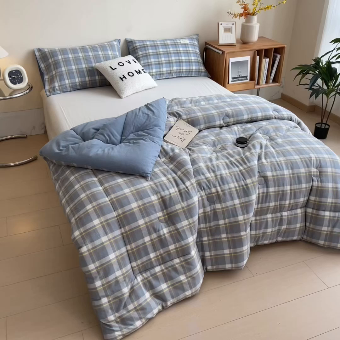91家纺网 家纺一手货源 找家纺 宝士康家纺 2025新品10A抗菌无印风学生季春秋被/被芯/跨境/外贸 天蓝中格