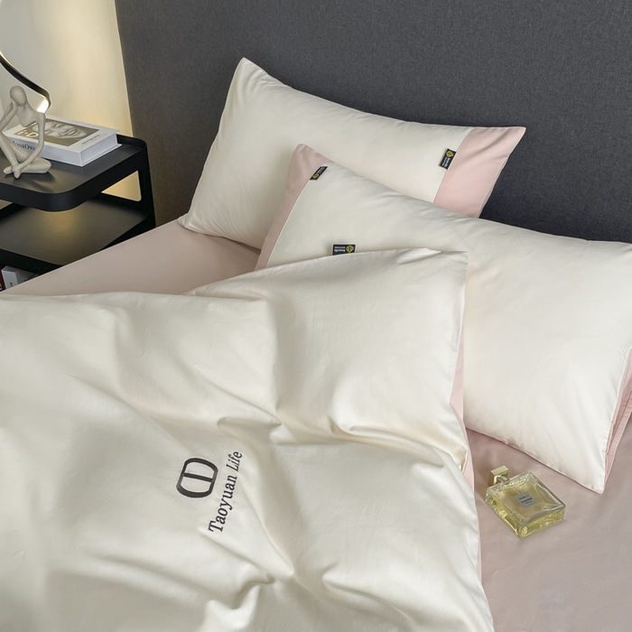 91家纺网 家纺一手货源 找家纺 桃园 长绒棉纯棉不掉毛磨毛四件套-莫兰迪 高端礼盒 莫兰迪-白粉色