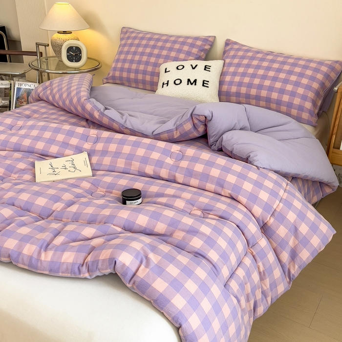 91家纺网 家纺一手货源 找家纺 宝士康家纺 2025新品10A抗菌无印风学生季春秋被/被芯/跨境/外贸 紫粉中格