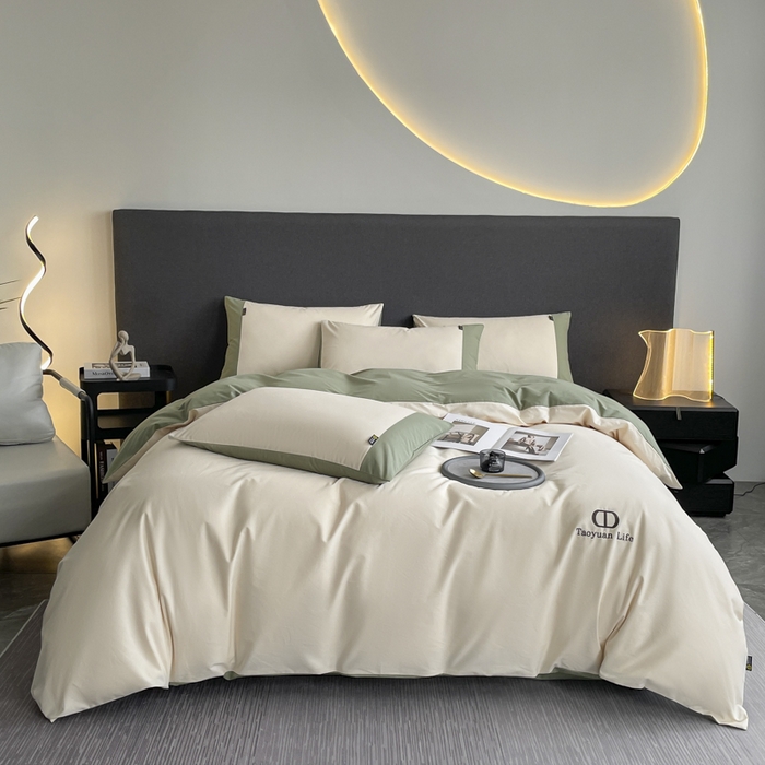 91家纺网 家纺一手货源 找家纺 桃园 长绒棉纯棉不掉毛磨毛四件套-莫兰迪 高端礼盒 莫兰迪-白绿色