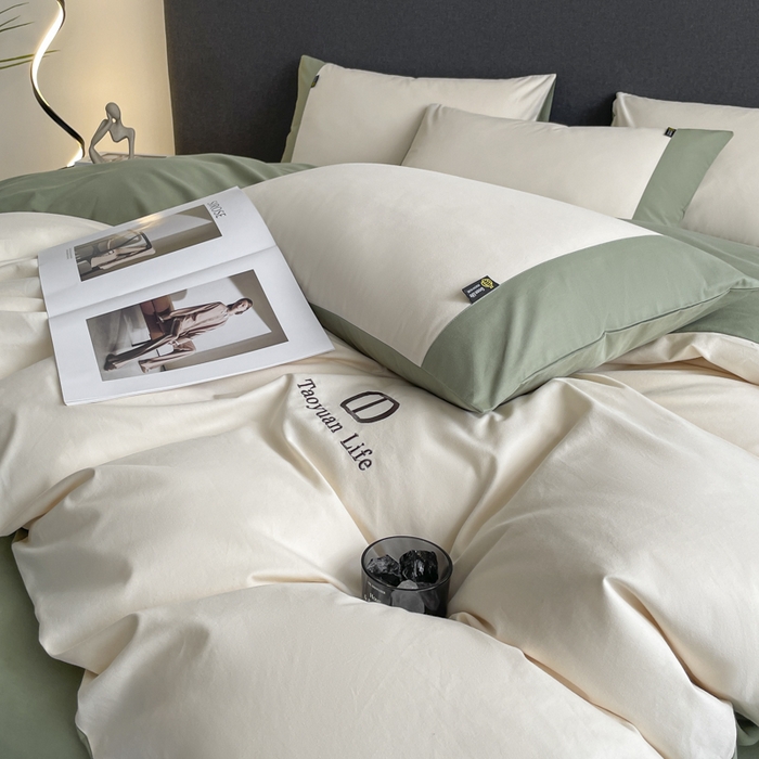 91家纺网 家纺一手货源 找家纺 桃园 长绒棉纯棉不掉毛磨毛四件套-莫兰迪 高端礼盒 莫兰迪-白绿色