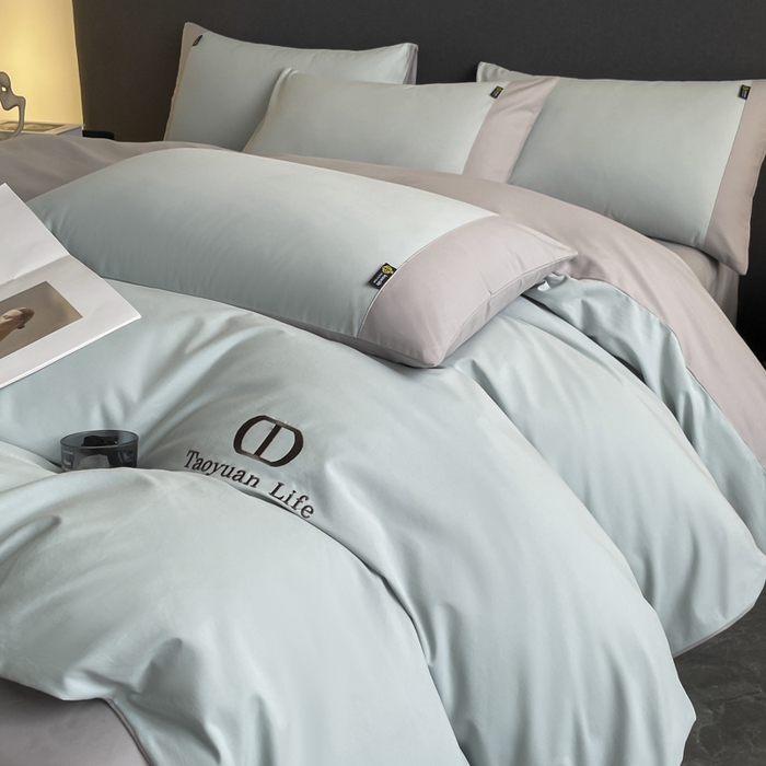 91家纺网 家纺一手货源 找家纺 桃园 长绒棉纯棉不掉毛磨毛四件套-莫兰迪 高端礼盒 莫兰迪-飘蓝