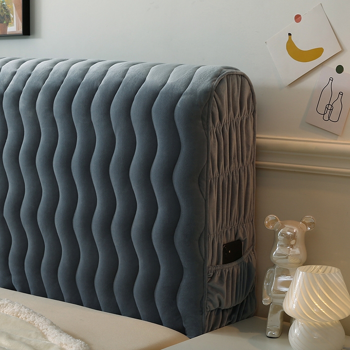 91家纺网 家纺一手货源 找家纺 怡源梦 2025新款亲肤舒适荷兰绒曲线床头罩 灰蓝