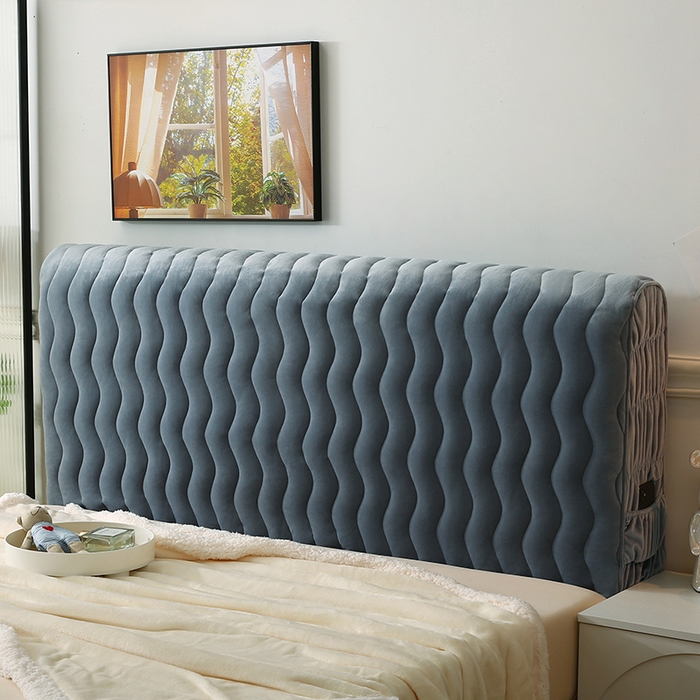 91家纺网 家纺一手货源 找家纺 怡源梦 2025新款亲肤舒适荷兰绒曲线床头罩 灰蓝