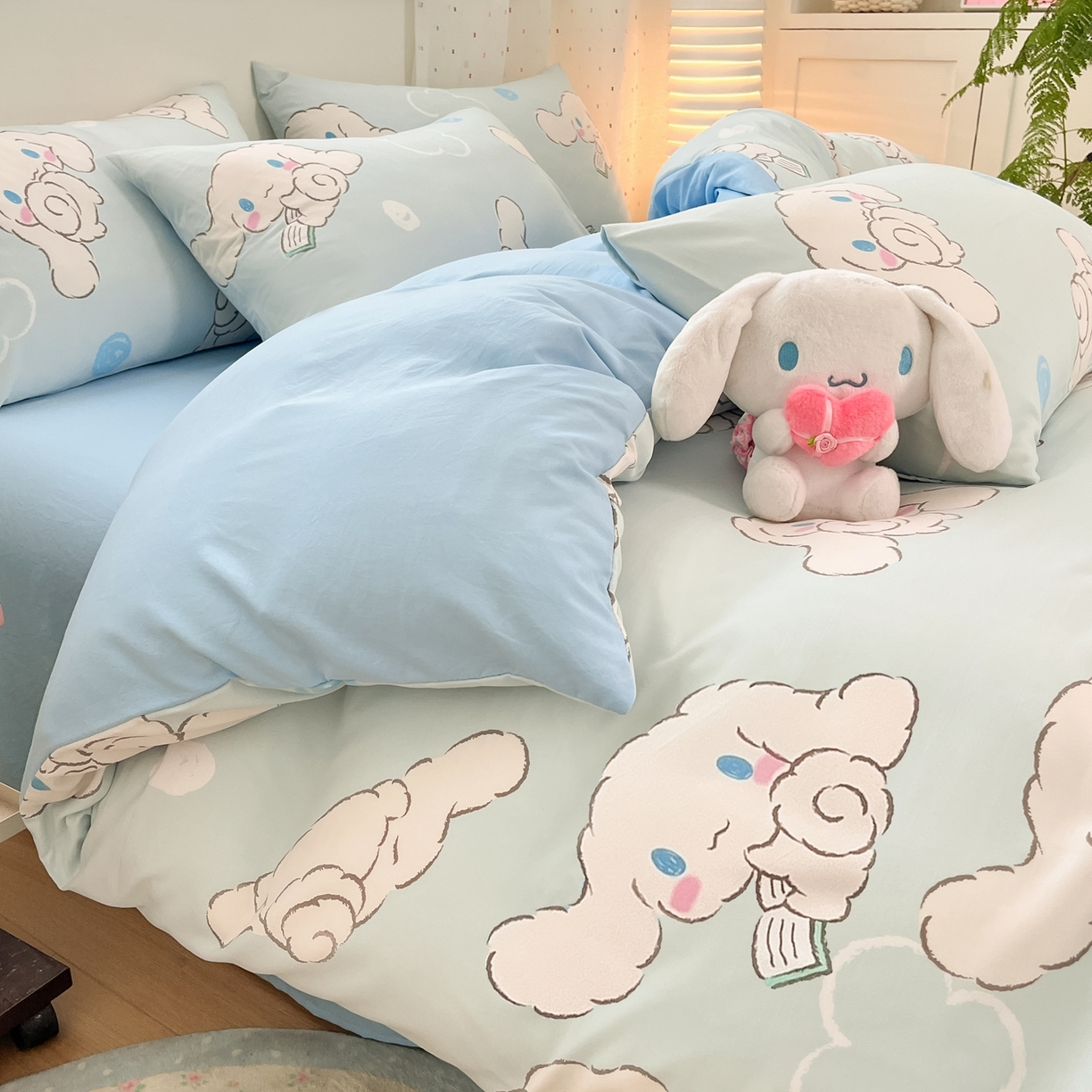 91家纺网 家纺一手货源 找家纺 海岛哥哥 2025学生季新款超柔云朵棉正版三丽鸥四件套第二批-大床图 三丽鸥-软萌玉桂狗蓝