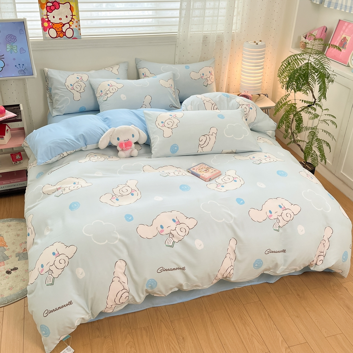 91家纺网 家纺一手货源 找家纺 海岛哥哥 2025学生季新款超柔云朵棉正版三丽鸥四件套第二批-大床图 三丽鸥-软萌玉桂狗蓝