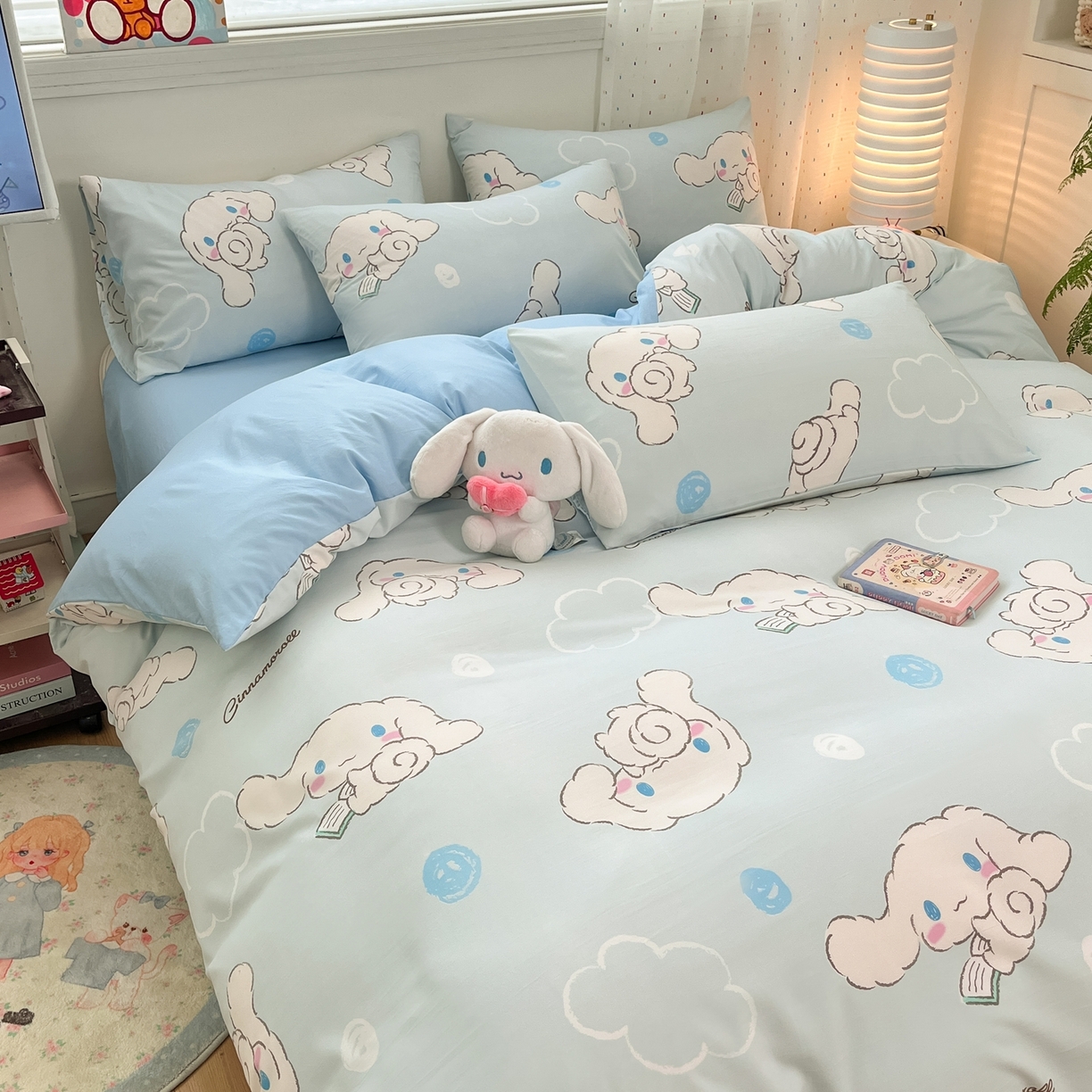 91家纺网 家纺一手货源 找家纺 海岛哥哥 2025学生季新款超柔云朵棉正版三丽鸥四件套第二批-大床图 三丽鸥-软萌玉桂狗蓝