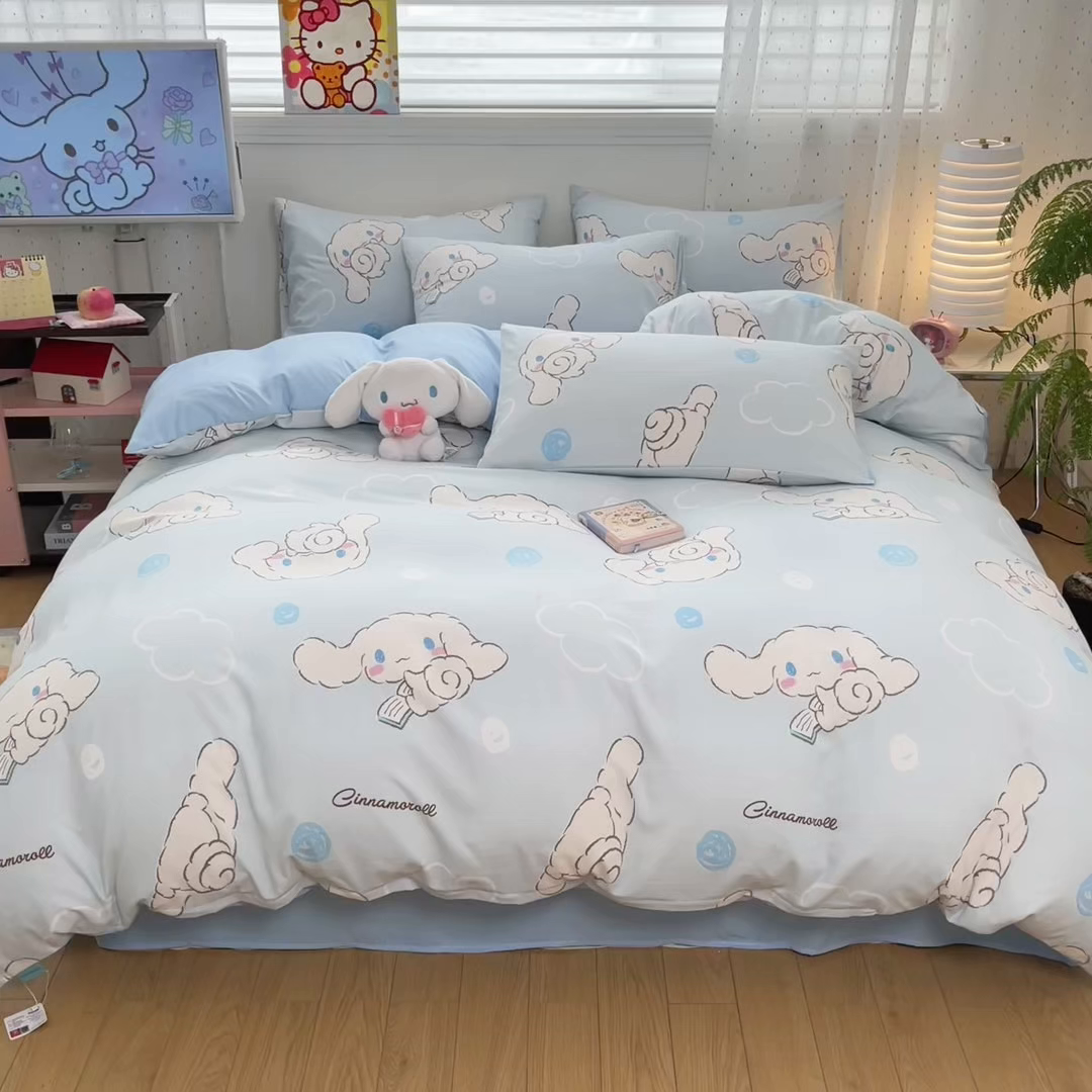 91家纺网 家纺一手货源 找家纺 海岛哥哥 2025学生季新款超柔云朵棉正版三丽鸥四件套第二批-大床图 三丽鸥-软萌玉桂狗蓝