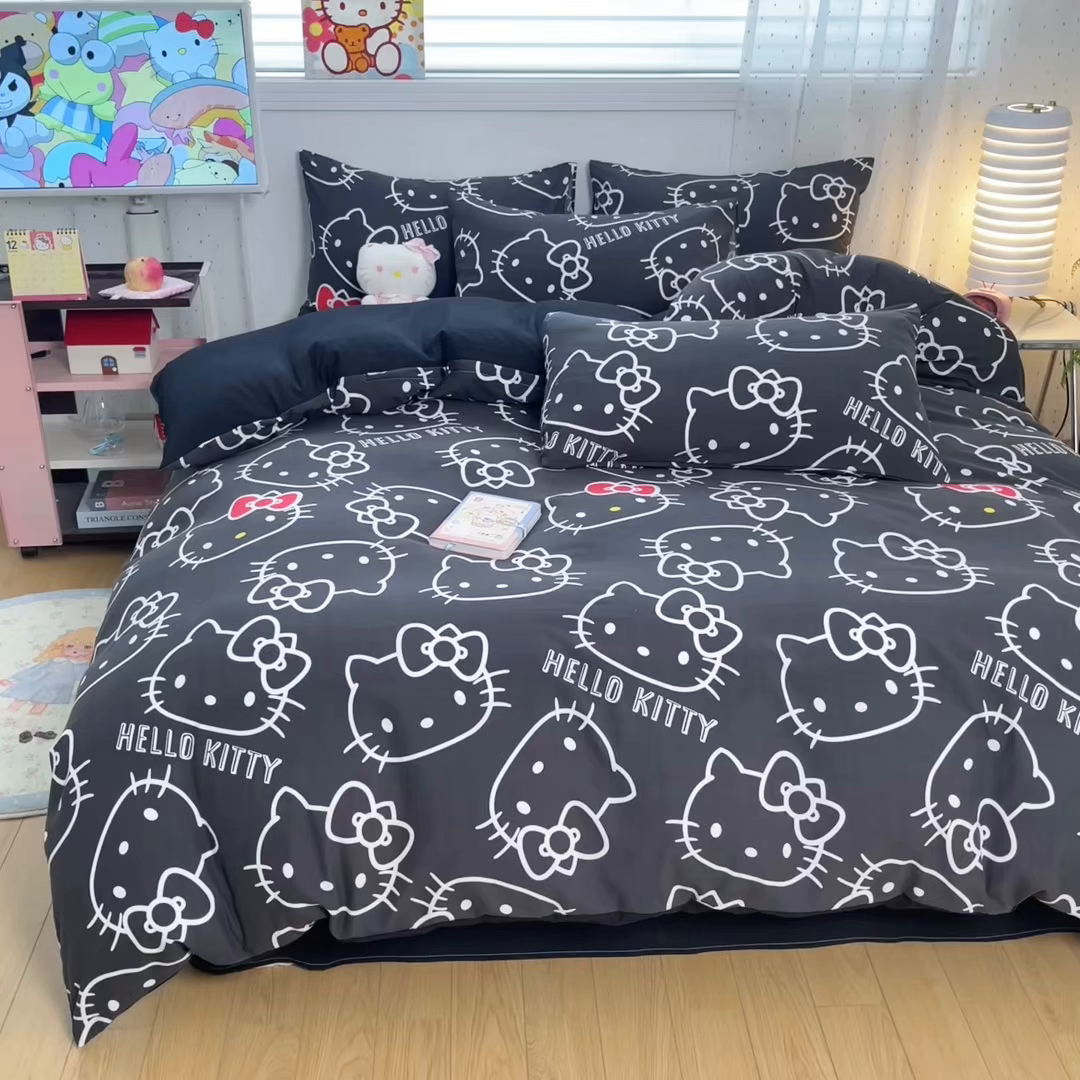 91家纺网 家纺一手货源 找家纺 海岛哥哥 2025学生季新款超柔云朵棉正版三丽鸥四件套第二批-大床图 三丽鸥-黑白kt