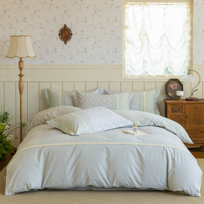 91家纺网 家纺一手货源 找家纺 巧玲珑 2025新款织带花边工艺款四件套-初夏铃兰 初夏铃兰-草绿